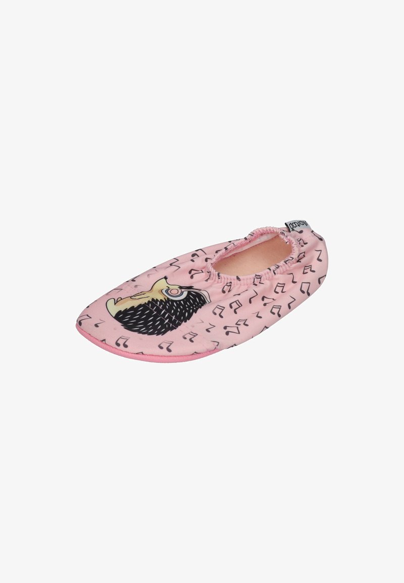 Rosa Stoffschlapfen mit einem Igel-Design und schwarzen Akzenten sowie Noten. Elastischer Einstieg für einen sicheren Halt.
