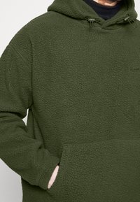 Felpa con cappuccio verde in pile con una superficie testurizzata, cappuccio regolabile con cordino e tasca frontale. Presenta un logo discreto. Materiale morbido e caldo.