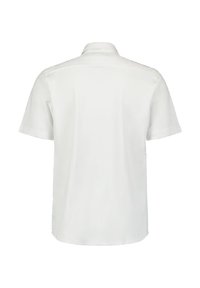 Witte korte mouwen shirt, gladde stof, klassieke kraag, rechte rugneem en geen zichtbare patronen of accenten.