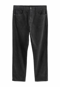 Black corduroy pants with a straight leg design, featuring two front pockets and a button closure. Soft texture and durable material.