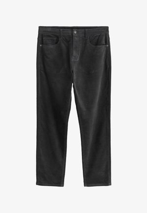 Schwarze Cordhosen mit geradem Bein, ausgestattet mit zwei Fronttaschen und einem Knopfverschluss. Weiche Textur und strapazierfähiges Material.