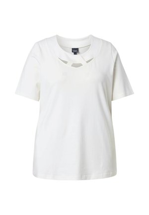Bílé dámské tričko s krátkými rukávy a kulatým výstřihem, které má vpředu detail propleteného výřezu.