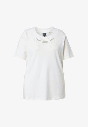 Weißes Damen-T-Shirt mit kurzen Ärmeln und rundem Ausschnitt, das vorne ein überkreuztes Cut-out-Detail aufweist.