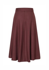 Burgunderfarbene A-Linien-Rock, aus weichem Stoff gefertigt, verfügt über einen hohen Taillenbund und ein plissiertes Design für fließende Bewegungen, mit einer glatten, strukturierten Oberfläche.