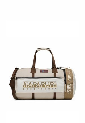 Beige-braune Napapijri Reisetasche mit Reißverschlussfach vorne, braunen Griffen, Schultergurt, norwegischer Flagge und GPS-Etichetta-Logo an der Seite.