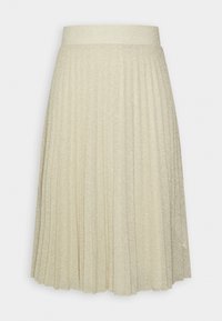 Jupe midi plissée couleur crème avec un tissu texturé et pailleté et une taille cintrée sur un fond uni.