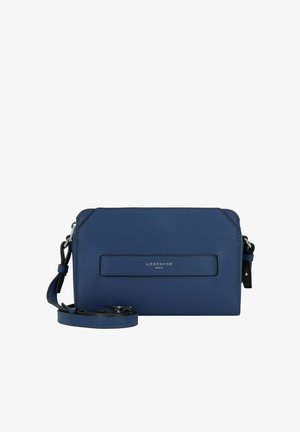 Blaues Leder-Crossbody-Bag mit glatter Textur, rechteckiger Form und silbernem Logodetail. Mit verstellbarem Riemen.
