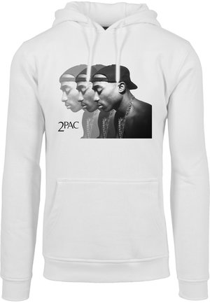 Weißer Hoodie mit einem Grafikdesign von drei schwarz-weißen Profilen, beschriftet mit "2PAC", und einer Kängurutasche sowie einer Zugkordelkapuze.