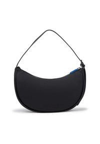 Black leather handbag with a curved silhouette, zippered top, and a thin shoulder strap. Features a blue zipper accent. Smooth texture.