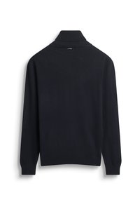 Zwarte gebreide pullover met lange mouwen en hoge kraag, met een subtiele textuur en ribbelmanchetten. Geen zichtbare logo's of patronen.