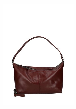 Borsa a mano in pelle marrone scuro con una singola tracolla larga e una chiusura con cerniera diagonale sulla parte superiore.