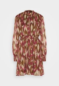 Lös passform, långärmad klänning i ett blommigt ikatmönster med nyanser av rosa, brunt och krämvitt. Har högt krage och elastisk midja.