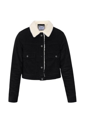 Must värviline lühike kordonjak nädalateppadega, valge sherpa voodriga ja kraega, ees nupuga kinnitamine ning kaks nupukestega klapiga rinda taskut.