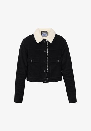 Must värviline lühike kordonjak nädalateppadega, valge sherpa voodriga ja kraega, ees nupuga kinnitamine ning kaks nupukestega klapiga rinda taskut.