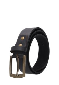 Black leather belt rolled up, featuring a rectangular brass buckle and two brass rivets near the buckle end.
