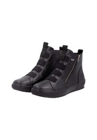 Bottines en cuir noir avec une finition texturée, dotées de bandes élastiques, d'une fermeture éclair sur le côté et d'une semelle en caoutchouc épaisse pour une meilleure traction.