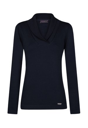 Pull long à manches longues bleu marine avec un large col châle, des poignets et un ourlet côtelés. Texture légère et lisse avec une petite étiquette de marque en bas.
