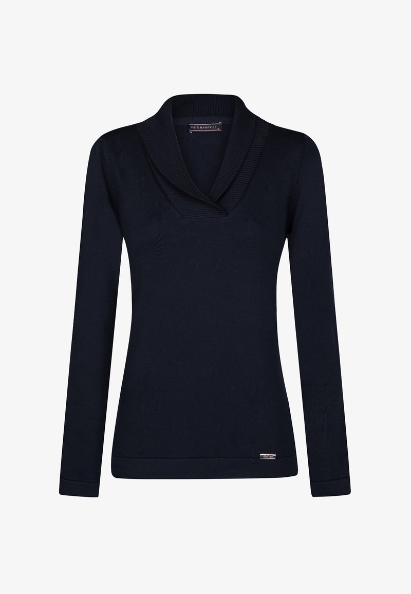 Tumesinine pikkade varrukatega kampsun laia kaelaribaga, soonikute ja äärega. Kerge, sile tekstuur, millel on väike brändi silt allservas.