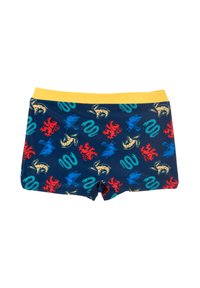 Jungen-Badehosen in Marineblau mit gelbem Bund. Mit bunten Tiermustern, darunter Vögel, Meereslebewesen und Schlangen. Aus weichem Material.