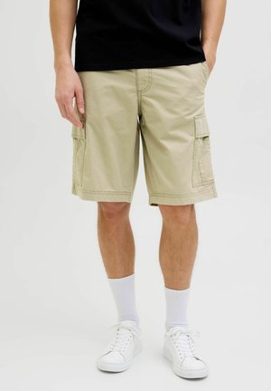 Mann, der beige Cargoshorts, weiße Socken, weiße Turnschuhe und ein schwarzes Shirt trägt und vor einem schlichten Hintergrund steht.