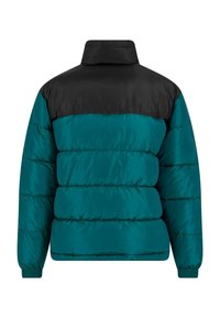 Pikowana kurtka puchowa w kolorze morskim i czarnym z wysokim kołnierzem, z przeszyciami, elastycznymi mankietami i pudełkowym krojem. Gładka tekstura i lekkość.