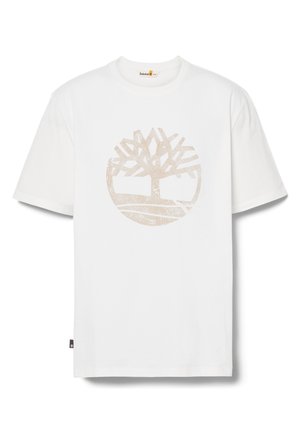 Camiseta de algodón blanca con un gráfico de un árbol beige claro en un diseño circular. Mangas cortas, cuello redondo y un pequeño logotipo en el lateral.