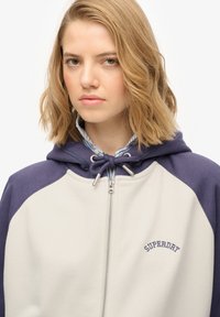 Felpa con cerniera, con corpo grigio chiaro e maniche raglan blu navy. Presenta un cappuccio con cordoncino e la scritta "SUPERDAY" ricamata sul petto.