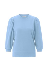 helehall sinine pullover-sveater ümarate kaelusega, patsiliste varrukatega ja pehme puuvillase tekstuuriga. Varustatud soonikkoes käiste ja äärega.