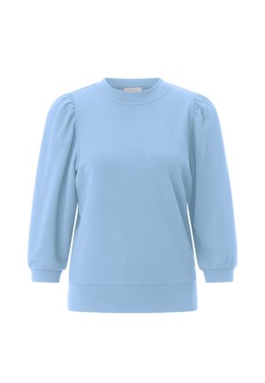 helehall sinine pullover-sveater ümarate kaelusega, patsiliste varrukatega ja pehme puuvillase tekstuuriga. Varustatud soonikkoes käiste ja äärega.