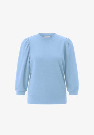 Sudadera de color azul claro con cuello redondo, mangas abullonadas y textura suave de algodón. Cuenta con puños y dobladillo acanalados.