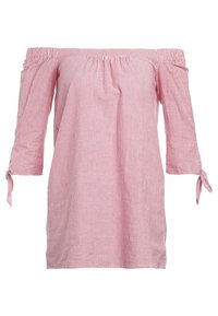 Blusa a spalla scoperta a righe verticali rosa e bianche, con maniche a tre quarti e fiocchi legati ai polsi.