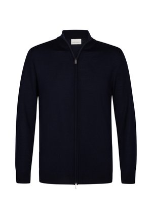 Marineblauwe ritssluiting vest gemaakt van zachte stof. Heeft een opstaande kraag, lange mouwen en een zachte textuur met een zilveren ritsdetails.