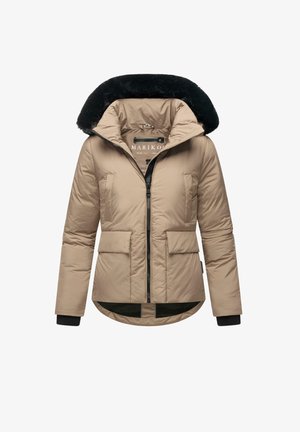 Beige pufferjakke med hætte i kunstpels, lynlås, to frontlommer og strikkede manchetter. Glat tekstur og let tætsiddende design.