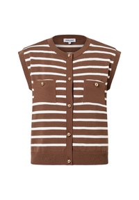 Braun- und weiß gestreifter ärmelloser Cardigan mit goldenen Knöpfen, zwei Brusttaschen und geripptem Saum. Aus weichem Strickmaterial.