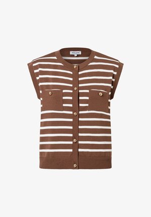 Brown and white striped sleeveless cardigan with gold buttons, featuring two chest pockets and ribbed hem. Soft knit material.