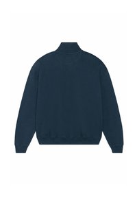 Sweat-shirt bleu marine avec col montant, poignets et ourlet côtelés, texture lisse et coupe décontractée. Vue de dos montrée.