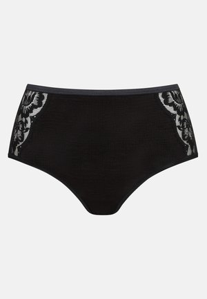 Culotte haute noire avec une surface texturée et des panneaux en dentelle noire sur les côtés ornés de motifs floraux. Taille élastique pour plus de maintien.