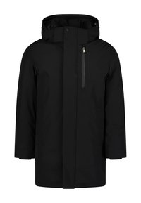 Czarna wodoodporna parka z wysokim kołnierzem, regulowanym kapturem, kieszenią na zamek na piersi oraz kieszeniami po bokach. Gładka tekstura o minimalistycznym designie.