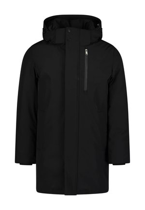 Schwarze wasserdichte Parka mit hohem Kragen, verstellbarer Kapuze, Reißverschluss-Brusttasche und Seitentaschen. Glatte Textur mit minimalistischem Design.