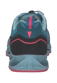 Sport shoes with a teal mesh upper, black accents, and pink details. Features a padded collar and a textured, flexible sole.