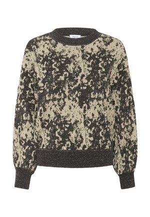 Maglione lavorato a maglia in una miscela di nero e crema con un motivo testurizzato e punteggiato, scollatura rotonda e polsini e orlo a costine.