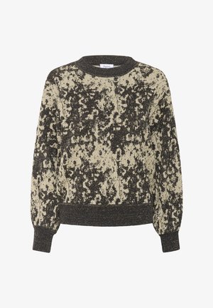 Kootud pullover-sviiter musta ja kreemika segu ning tekstuursete, täpiliste mustritega, ümmarguse kaelusega ja soonikkoes mansettide ja äärtega.