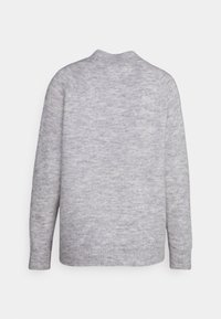 Gray knitted sweater with a textured finish, featuring a rounded neckline and long sleeves; ribbed cuffs and hem. Back view only.