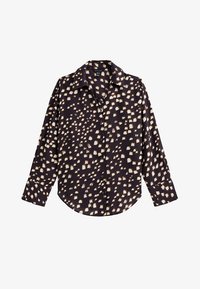 Camisa de manga larga en azul marino oscuro con un estampado disperso en beige y blanco. Cuenta con un cuello clásico, botones en la parte delantera y un ajuste relajado.