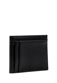 Portafoglio in pelle nera con portacarte dalla superficie testurizzata, dotato di più fessure per carte e un profilo sottile per un facile trasporto.