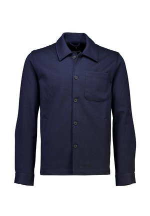 Marineblauwe button-up jas met een puntige kraag, enkele borstzak, twee zijzakken en lange mouwen met manchetdetails.