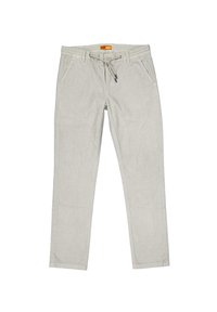 Hellgraue Baumwollfreizeithosen mit elastischem Bund, Kordelzugverschluss und Seitentaschen, die eine glatte Textur und einen geraden Bein Schnitt aufweisen.