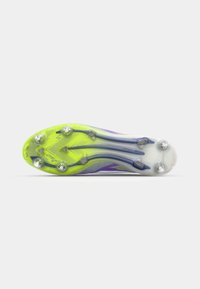 Cleats with a yellow-green and purple design, featuring a textured upper, six metal studs, and a streamlined shape for traction.