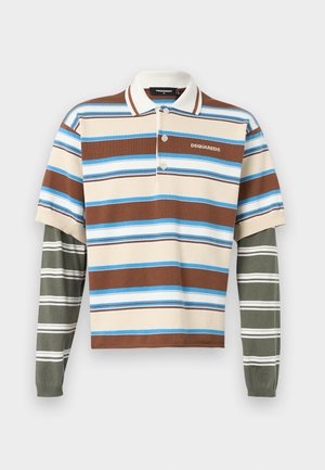 Polokošeľa s krátkym rukávom s hnedými, modrými a béžovými pruhmi vrstvená cez dlhý rukáv olivovo zelenej košele s bielymi pruhmi, logo DSQUARED2.