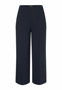 Navyblauwe wijde broek van gladde stof, met een hoge taille, voorkeursplooien en zonder zichtbare hardware of patronen.